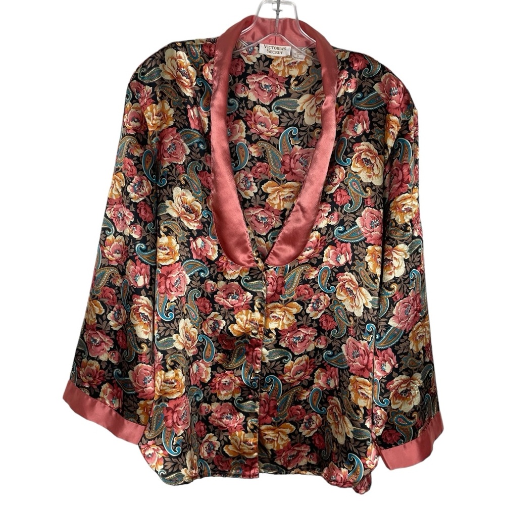 Vintage Victoria’s Secret Pajama Top Kimono Floral Paisley Size Small Coral Teal